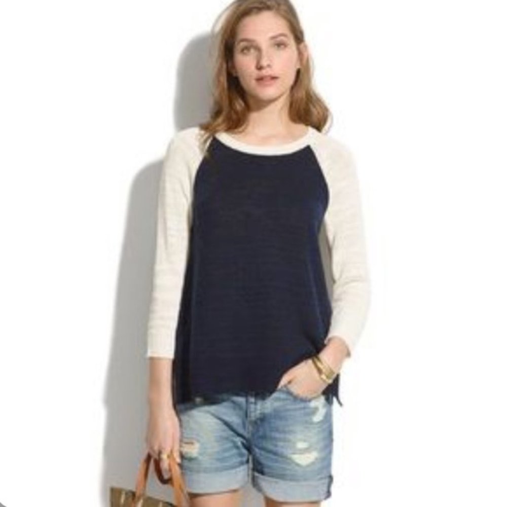 Madewell Raglan Baseball Sweater Size Medium Navy Blue & Cream Linen/Cotton/Silk
